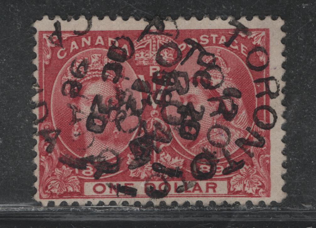 Lot 381 Canada (C) #61 $1 Lake , 1897 Diamond Jubilee Issue, A Very Good Used Single, ABN-QQQQ Paper, Two Strikes of Oct. 20 1898 Toronto Split Ring Cancel, Dot In Central Ribbon.