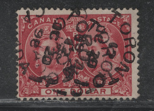 Lot 381 Canada (C) #61 $1 Lake , 1897 Diamond Jubilee Issue, A Very Good Used Single, ABN-QQQQ Paper, Two Strikes of Oct. 20 1898 Toronto Split Ring Cancel, Dot In Central Ribbon.