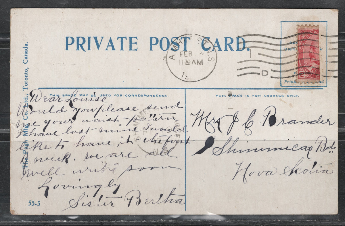 Lot 383 Canada (C) #90ivar 2c Rose Carmine , 1903-1908 King Edward VII Issue, A Fine Used Cover, Bisect Tied By Feb 19 1912 Amherst NS Cancel, Color Postcard Depicting A Battery Of Reapers, Postcard Sent From One Sister To Another In Shinimicas Bridge.