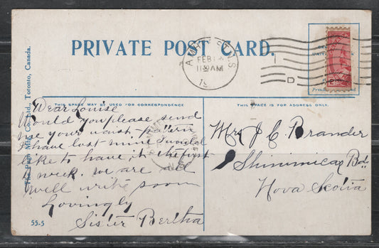 Lot 383 Canada (C) #90ivar 2c Rose Carmine , 1903-1908 King Edward VII Issue, A Fine Used Cover, Bisect Tied By Feb 19 1912 Amherst NS Cancel, Color Postcard Depicting A Battery Of Reapers, Postcard Sent From One Sister To Another In Shinimicas Bridge.