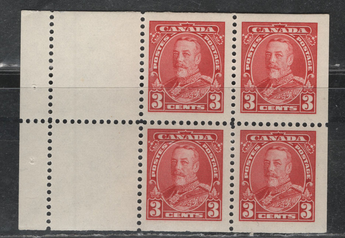 Lot 386 Canada (C) #219a 3c Carmine Red , 1935 KGV Pictorial Issue, A VFOG Booklet Pane Of 4, CBN-IIII Paper, Gum Is Nh, But Has Light Disturbances So Counted As Hinged.
