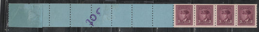 Lot 388 Canada (C) #266 3c Rosy Plum , 1942-1943 KGVI War Issue, A FNH Full Strip Of 4 Plus 9 Tabs, Couple of Light Thins On Labels From Where The Roll Was Sealed, Very Scarce