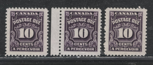 Lot 389 Canada SC#J20var 10c Deep Rose Lilac Numeral, 1935-1967 Fourth Postage Due Issue, 3 VFNH Singles On Scarcer Unlisted LF Papers (CBNE-S, and CBNE-K), Perf. 12 x 11.9, 11.9 and 11.8 x 12