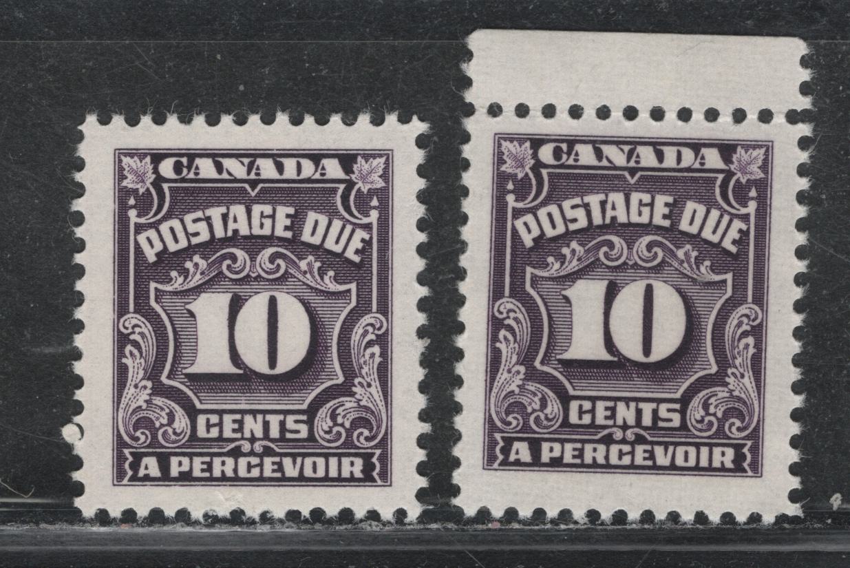 Lot 390 Canada SC#J20var 10c Blackish Lilac Numeral, 1935-1967 Fourth Postage Due Issue, 2 VFNH Singles On Scarcer Unlisted LF Papers (CBNE-AA, and CBNE-R), Perf. 11.9 and 12