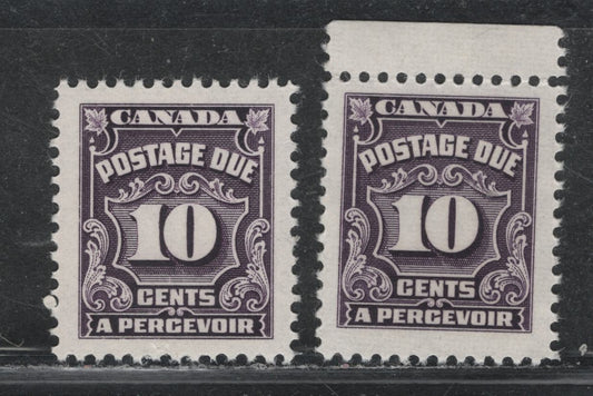 Lot 390 Canada SC#J20var 10c Blackish Lilac Numeral, 1935-1967 Fourth Postage Due Issue, 2 VFNH Singles On Scarcer Unlisted LF Papers (CBNE-AA, and CBNE-R), Perf. 11.9 and 12