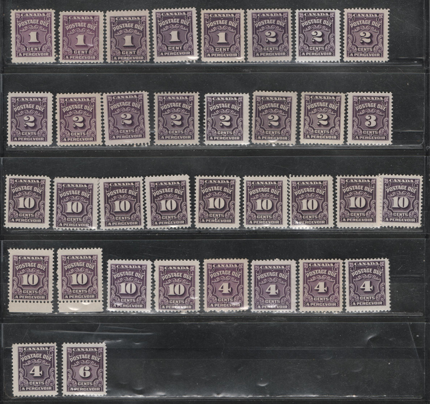 Lot 392 Canada  SC#J15/J20b 1c-10c Violet Shades, Deep Rose Lilac, 1935-1967 Fourth Postage Due Issue, 35 Fine NH Singles On A Variety of Different Papers, Every Stamp Different From Other Similarly Graded Lots