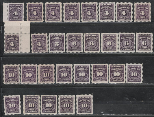 Lot 394 Canada (C) SC#J17/J20b 4c-10c Violet Shades, Deep Rose Lilac, 1935-1967 Fourth Postage Due Issue, 29 VFNH Singles On A Variety of DF Papers, Varying In Fluorescence From 1-2, All Different From The 4-10c Stamps in Other Lots