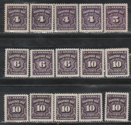 Lot 395 Canada (C) SC#J17/J20 4c-10c Violet Shades, Deep Rose Lilac 15 VFNH Singles On A Variety of DF Papers, Varying In Fluorescence From 1-2, Unchecked As To Exact Perfs, All Different From The 4-10c Stamps in Other Lots