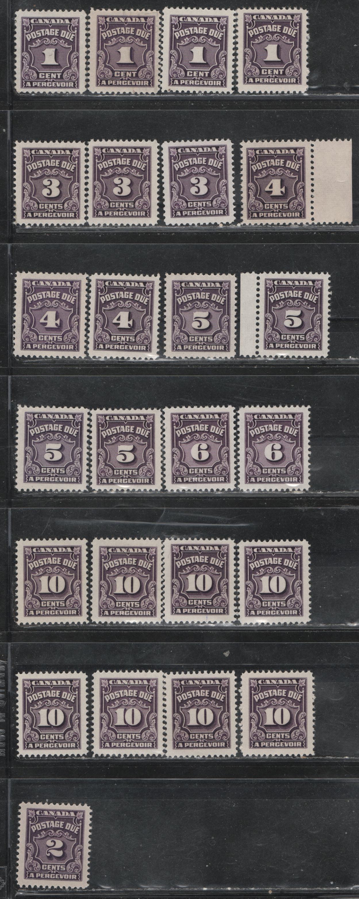 Lot 396 Canada SC#J15/J20 1c-10c Deep Rose Lilac & Violet Shades Numeral, 1935-1967 Fourth Postage Due Issue, 25 VFNH Singles On A Variety of DF Papers, Varying In Fluorescence From 1-2,  All Different From The 1-10c Stamps in Other Lots
