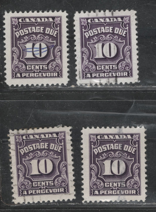 Lot 397 Canada SC#J20var 10c Deep Rose Lilac & Violet Shades Numeral, 1935-1967 Fourth Postage Due Issue, 4 VF Used Singles On Different Scarcer LF Papers