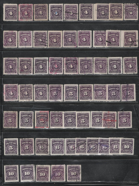 Lot 402 Canada SC#J17/J20b 4c-10c Violet Shades, Deep Rose Lilac, Milky Violet 86 Fine Used Singles Showing the FULL Range Of Shades & Papers On Which These Stamps Were Printed, Including Red Violet Shades & The Scarce CBN-VVVVVVV Toned Paper