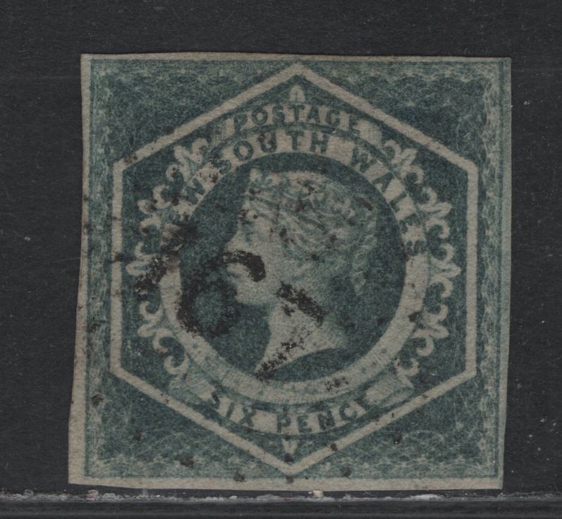 Lot 313 Australia - NSW SG#90 6d Greenish Gray , 1854-1859 Queen Victoria Diadem Issue, A Very Fine Used Imperf Single, SON 167 Sunburst Cancel For Louison Creek (Later Known As Hill End), 4 Clear But Close Margins