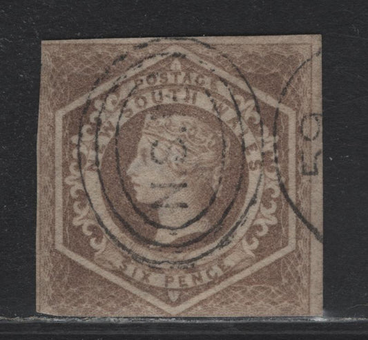 Lot 314 Australia - NSW SG#93a 6d Fawn , 1854-1859 Queen Victoria Diadem Issue, A Good Used Imperf Single, Wmk 8 In Error, Right Margin Large, Top Margin Full, Left Margin Clear to Just Barely In And Bottom Margin Just In All Along.