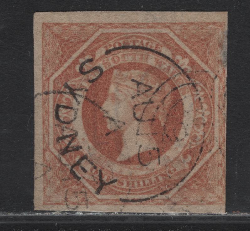 Lot 316 Australia - NSW SG#100 1/- Pale Red , 1854-1859 Diadem Issue, A FOG Imperf Single, 3 Large Margins, Right Margin Just Touching To Just Clear