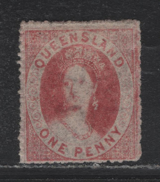 Lot 320 Austalia - Queensland SG#14 1d Carmine Rose , 1860-1861 Chalon Head Issue, A FOG Single, Small Star Wmk, Impression A Little Weak At Top But Does Not Appear To Have Been Cleaned