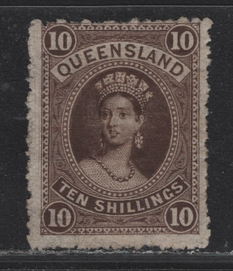Lot 323 Austalia - Queensland SG#155 10/- Brown , 1882-1886 Chalon Head Issue, A VGPOG Single, Perf 12, Wmk Small Crown over Q, Two Loops On Crowm Twice Sideways With Small Crown Having 2 Loops.