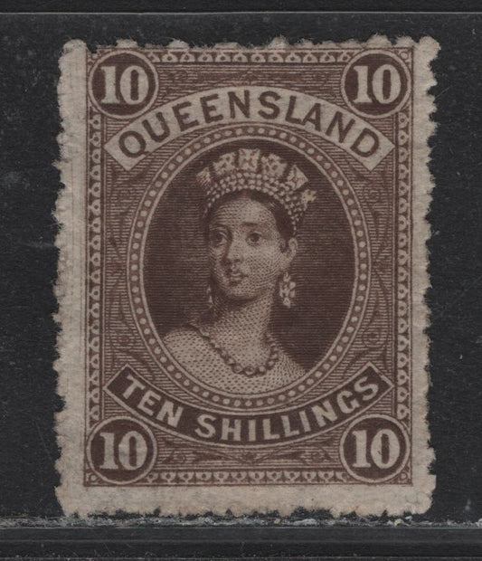 Lot 323 Austalia - Queensland SG#155 10/- Brown , 1882-1886 Chalon Head Issue, A VGPOG Single, Perf 12, Wmk Small Crown over Q, Two Loops On Crowm Twice Sideways With Small Crown Having 2 Loops.