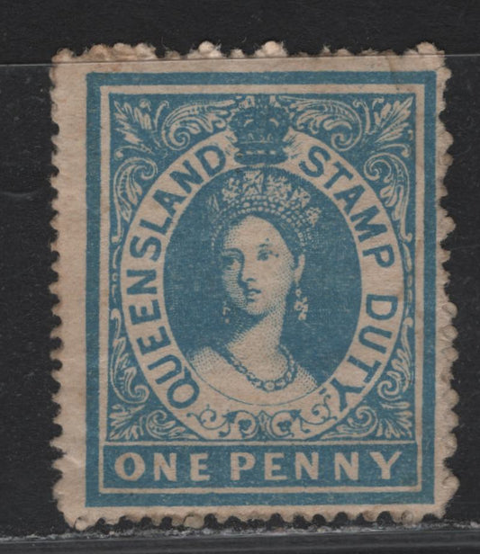 Lot 324 Austalia - Queensland SG#F1 1d Blue , 1866-1868 Postal Fiscal Issue, A FOG Single, No Watermark, Perf 13