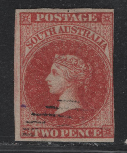 Lot 325 Australia - South Australia SG#9 2d Red , 1856-1858 QueenVictoira Courbould Heads Issue, A Fine Used Single, Large Star Wmk, Local Adelaide Printing, Large Margins on 3 Sides, Light Cancel, Right Margin Just Touching To Just Clear.