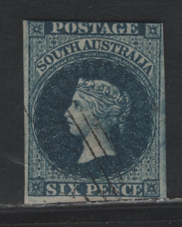 Lot 327 Australia - South Australia SG#3 6d Deep Blue , 1855 Perkins Bacon Courbould Head Issue, A Fine Used Single, 2 Full Margins, One Margin Just Clear To Full & One Just Touching Along The Top