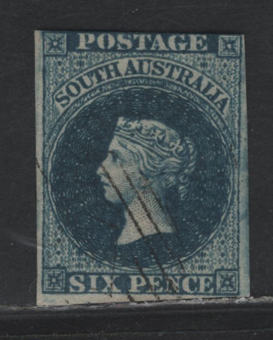 Lot 327 Australia - South Australia SG#3 6d Deep Blue , 1855 Perkins Bacon Courbould Head Issue, A Fine Used Single, 2 Full Margins, One Margin Just Clear To Full & One Just Touching Along The Top