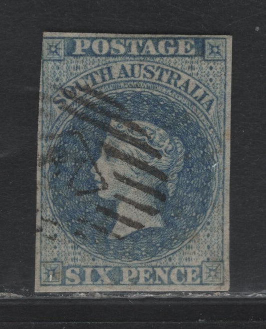 Lot 329 Australia - South Australia SG#10 6d Slate Blue , 1856-1858 Courbould Heads Issue, A Fine Used Single, Large Star Wmk, Adelaide Printing, #41 Diamond Grid Numeral Cancel For Gumeracha, 3 Full Margins, Left Margin Just Touching To Clear.