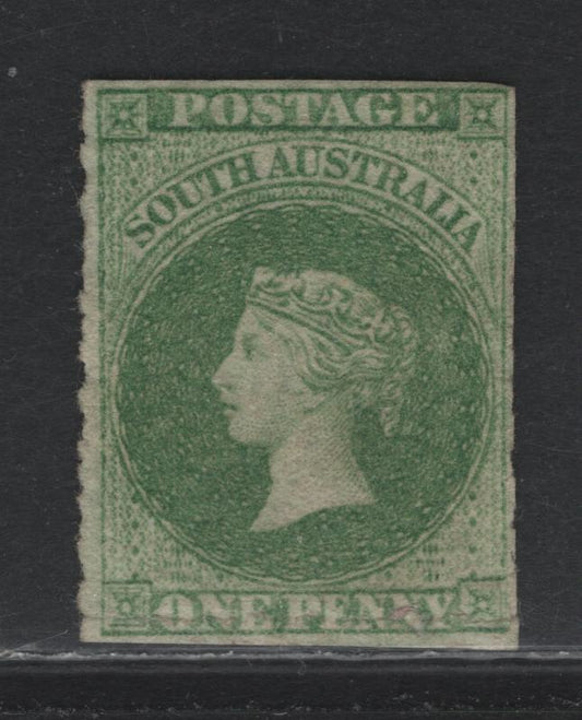 Lot 330 Australia - South Australia SG#13 1d YellowGreen , 1858-1859 Rouletted Courbould Heads Issue, A Very Good Unused Single, Large Star Wmk, First Rouletted Issue, Roulettes Visible on 3 Sides, But Trimmed At Top As Is Normal For This Issue.