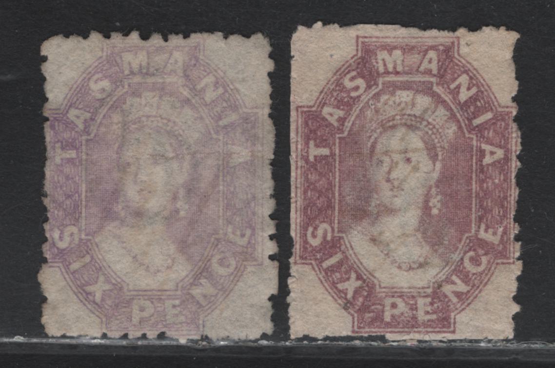 Lot 339 Australia - Tasmania SG#136, 139 6d Lilac & Dull Reddish Lilac , 1871-1891 Chalon Head Re-Issue, 2 Very Good/Fine Used Singles, Rough Perf 11.5, Dull Reddish Shade Trimmed Outside the Perfs on the Left, Preserving Them