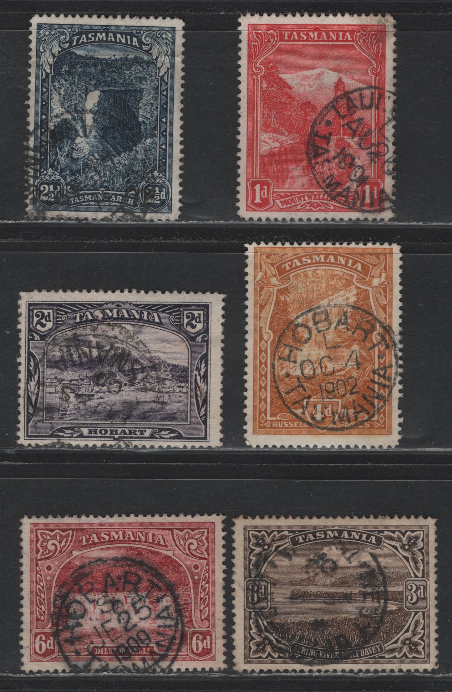 Lot 342 Australia - Tasmania SG#230-234, 236 1d - 6d Bright Lake - Lake , 1899-1900 Engraved Pictorial Issue, 6 Very Good/Fine/Very Fine Used Singles, Minor Wrinkle On2.5d &Small Tear Through LL Value Tablet