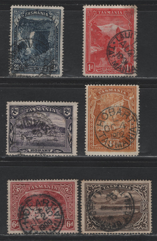 Lot 342 Australia - Tasmania SG#230-234, 236 1d - 6d Bright Lake - Lake , 1899-1900 Engraved Pictorial Issue, 6 Very Good/Fine/Very Fine Used Singles, Minor Wrinkle On2.5d &Small Tear Through LL Value Tablet