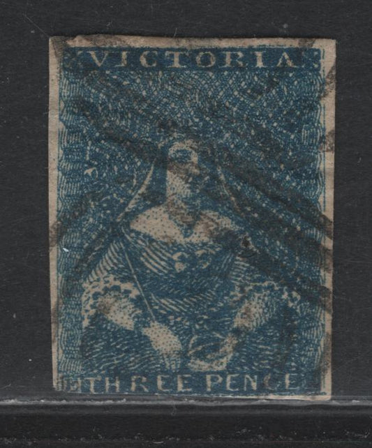 Lot 344 Australia - Victoria SG#11 3d Blue , 1850-1853 Queen Victoria Half Length Issue, A Poor Used Single, Third State Of The Die, Thomas Ham Printing, Some Thinning & Pinhole. 3 Clear Margins Just Cutting In At Bottom.