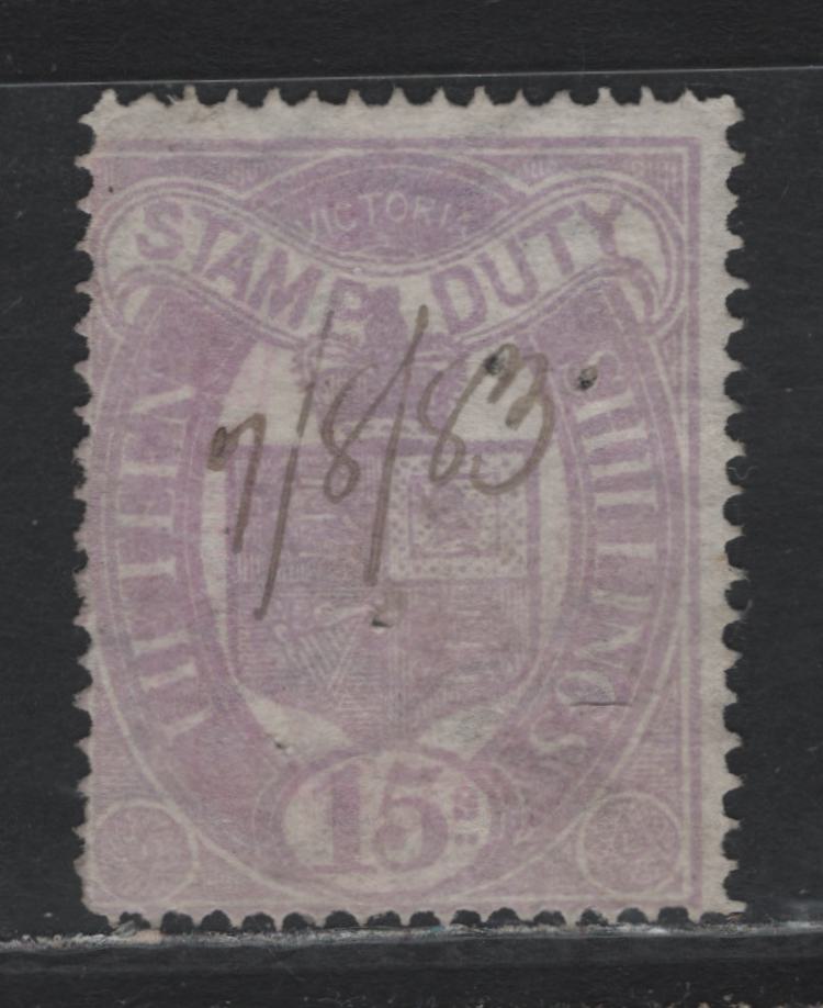 Lot 347 Australia - Victoria SG#241 15s Mauve , 1884-1896 Stamp Duty Issue, A Very Good Used Single, Wmk 2 (V over Pointy Crown Sideways), Perf 13, Fiscal Cancel & two Staple or Pinholes.