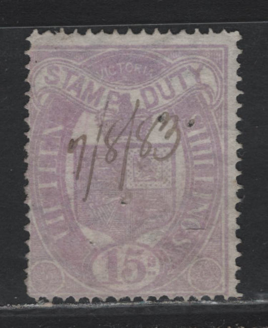 Lot 347 Australia - Victoria SG#241 15s Mauve , 1884-1896 Stamp Duty Issue, A Very Good Used Single, Wmk 2 (V over Pointy Crown Sideways), Perf 13, Fiscal Cancel & two Staple or Pinholes.