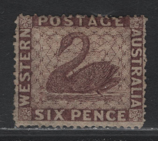 Lot 353 Australia - Western Australia SG#36 6d Purple Brown , 1861 Perkins Bacon Engraved Swans Issue, A FOG Single, Intermediate Perf 14-16, Swan Wmk Sideways