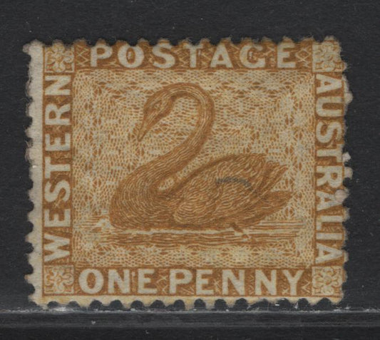 Lot 356 Australia - Western Australia SG#53 1d Yellow Ochre , 1864-1879 Perkins Bacon Swans Issue, A FOG Single, Perf 12.5, Crown CC Wmk