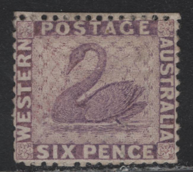 Lot 358 Australia - Western Australia SG#59 6d Lilac & Dull Reddish Lilac , 1864-1879 Perkins Bacon Swans Issue, A VFOG Single, Perf 12.5, Crown CC Wmk, A Very Well Centered Example.