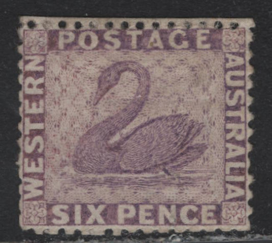 Lot 358 Australia - Western Australia SG#59 6d Lilac & Dull Reddish Lilac , 1864-1879 Perkins Bacon Swans Issue, A VFOG Single, Perf 12.5, Crown CC Wmk, A Very Well Centered Example.