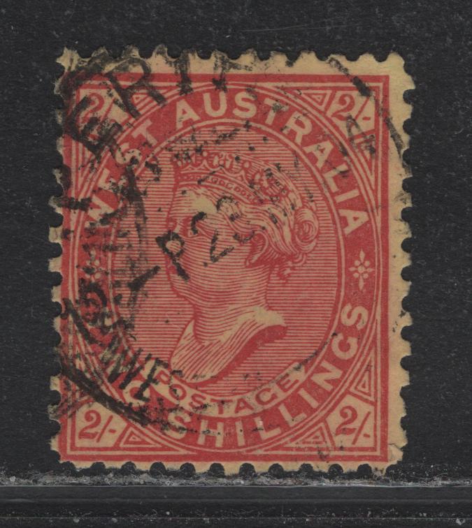 Lot 359 Australia - Western Australia SG#134 2/- Bright Red on Yellow , 1867-1881 Queen Victoria Issue, A Fine Used Single, Perf 11, V over Crown Inverted Wmk