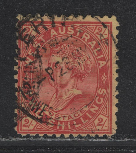 Lot 359 Australia - Western Australia SG#134 2/- Bright Red on Yellow , 1867-1881 Queen Victoria Issue, A Fine Used Single, Perf 11, V over Crown Inverted Wmk