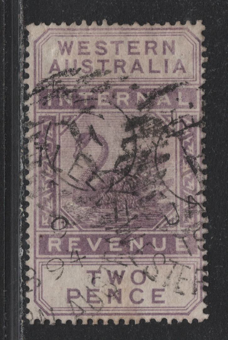 Lot 360 Australia - Western Australia SG#F12 2d Dull Purple , 1893 Postal Fiscal Issue, A Fine Used Single, Freemantle Postal Cancel, CA Over Crown Wmk