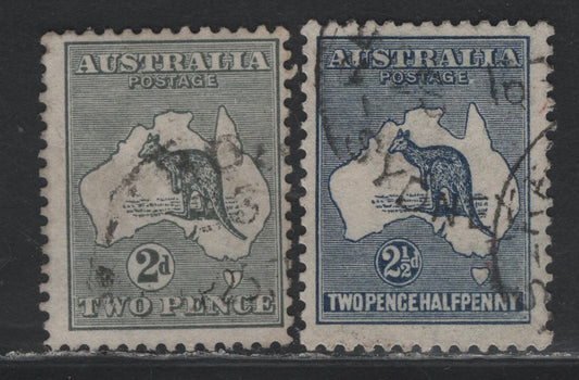 Lot 364 Australia SG#24-25 2d - 2.5d Gray - Indigo , 1915 Kangaroo & Map Issue, 2 Fine/Very Fine Used Singles, Dies 1 & 2, Second Wmk (Pointy Crown Over A)