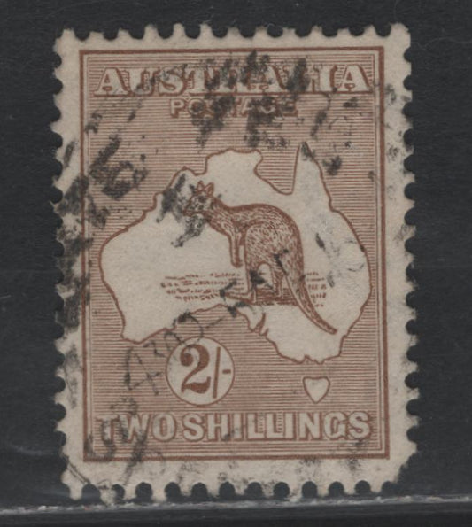 Lot 368 Australia SG#29 2/- Brown , 1915 Kangaroo & Map Issue, A Very Good Used Single, 2nd Wmk, Scarce Printing, Somewhat Smudgy Late Fee Cancel Dated April 5, 2015, Pulled Corner Perf At LR & Two Creased Perfs At Bottom.