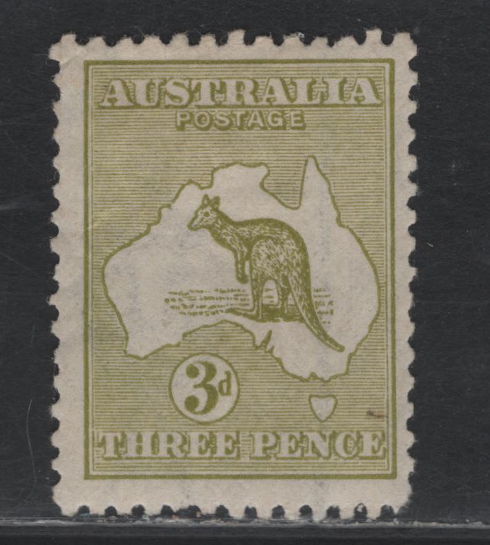 Lot 370 Australia SG#37 3d Yellow Olive , 1915-1927 Kangaroo & Map Issue, A VGOG Single, Die 1, Third Wmk (Narrow Crown Over A), Small Thin At Upper Left Corner.
