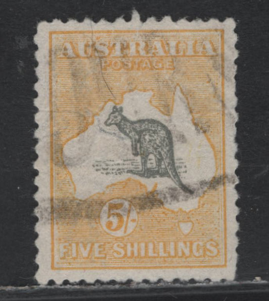 Lot 372 Australia SG#42 5/- Gray & Yellow , 1915-1927 Kangaroo & Map Issue, A Fine Used Single, Third Wmk (Narrow Crown Over A), Well Centered Example With Light Parcel Cancel, Nearly Even Perfs, A Curved Crease Running Along The Watermark.