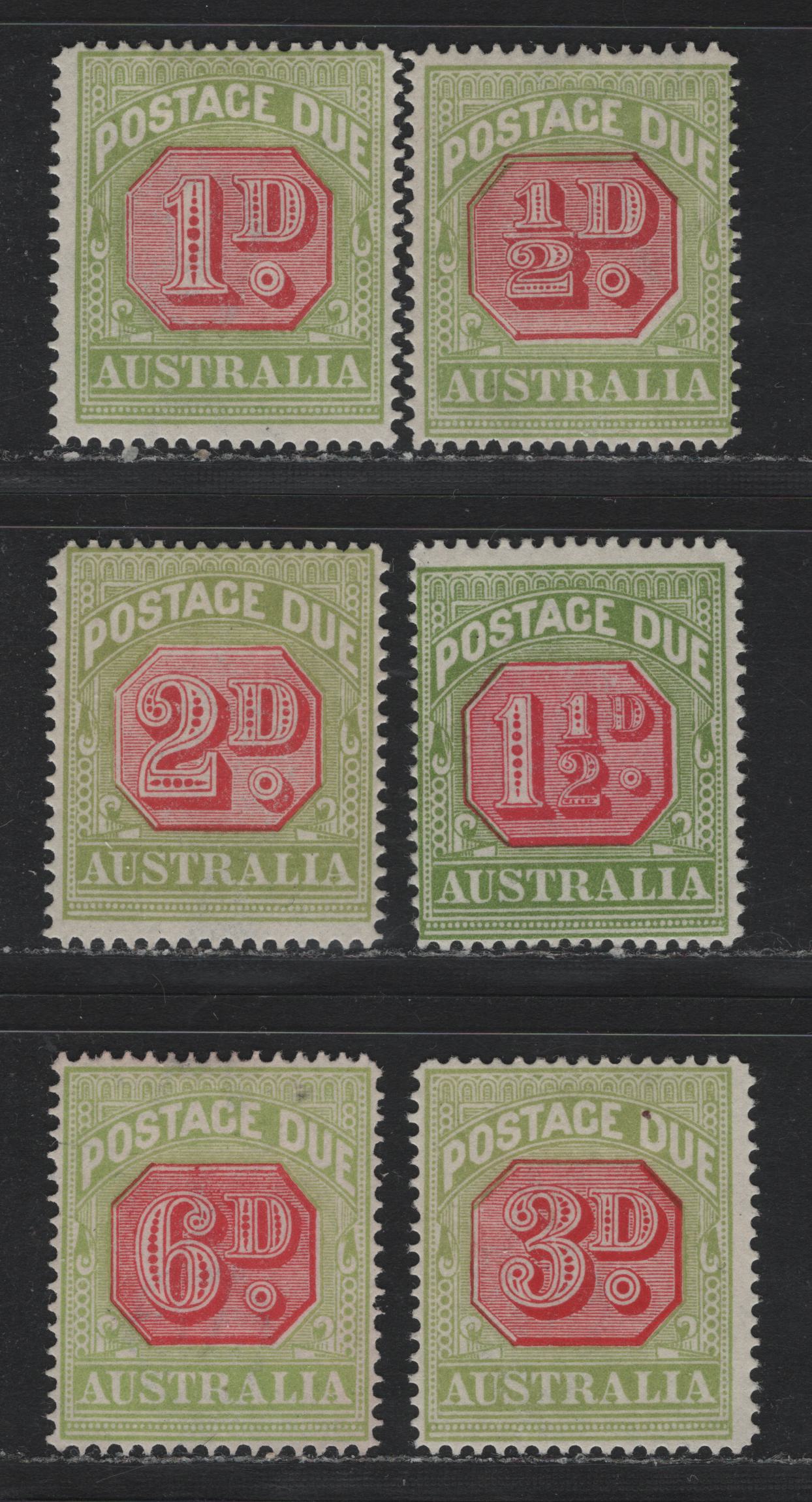 Lot 379 Australia SG#D91-D95, D97 1/2d - 6d Carmine & Yellow Green - Carmine & Yellow Green , 1922-1930 Postage Dues, 6 FOG & Very Fine Unused Singles, Crown over A Wmk, Perf 14, 6d Is Well Centered But Has No Gum.