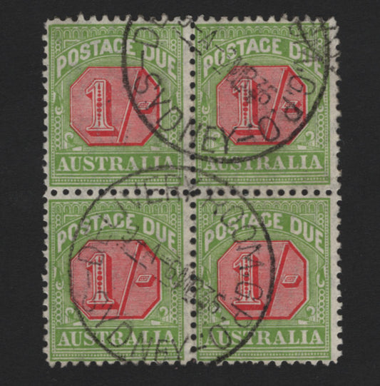 Lot 381 Australia SG#D111 1/- Carmine & Pale Yellow Green , 1931-1936 Postage Dues, A Fine Used Single, C of A Wmk, Perf 11, Scarce Postally Used March 6 1936 Sydney Delivery Room CDS Cancel.