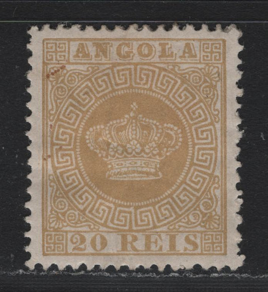 Lot 387 Angola SC#3c 20r Bistre , 1870-1877 Portuguese Crown Issue, A VFOG Single, Pef 12.5, Thick Paper, Heavy Hinge Remnant.