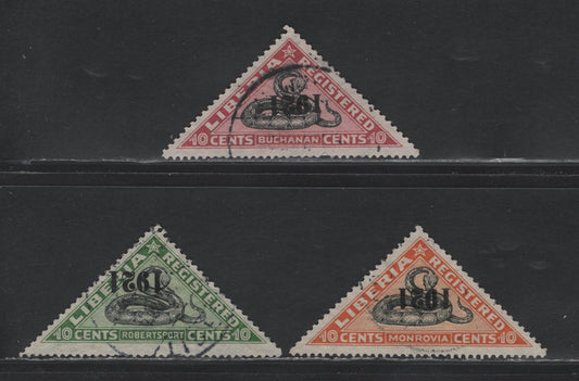 Lot 399 Liberia SC#F25, F28-F29 10c Claret & Black - Green & Black , 1921 Gabon Viper Registration Issue, 3 Very Fine Used Singles, Inverted Overprints
