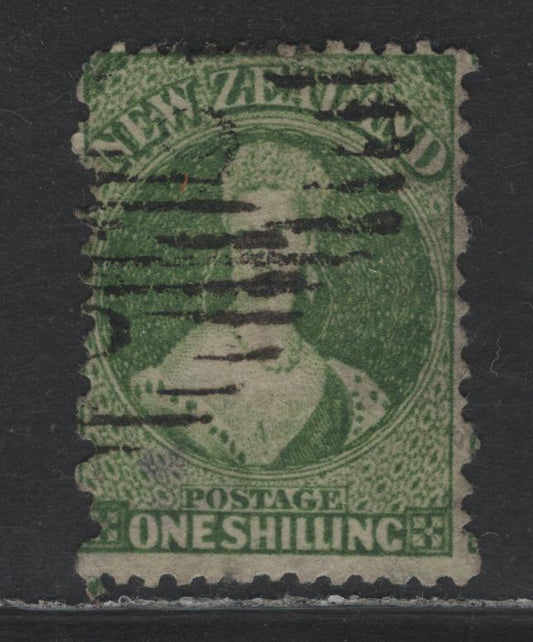 Lot 300 New Zealand SG#79 1/- Deep Green , 1862-1864 Chalon Heads Issue, A Fine Used Single, Large Star Wmk, Ferguson & Mitchell Printings, Perf 13, Fine Centering For This Issue.