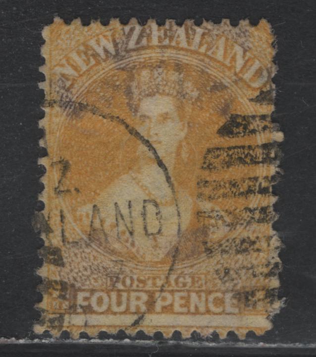 Lot 305 New Zealand SG#120 4d Dull Yellow , 1864-1871 Chalon Heads Issue, A Fine Used Single, Comb perf 12.5, Large Star Wmk, Auckland Printing, Auckland Duplex Cancel, Fine Centering For This Issue.